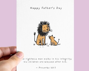 Christian Father’s Day Card Lion and Cub Bible Verse Greeting Card Proverbs 20 7 Religious Dad Card from Son or Daughter Scripture Card Gift