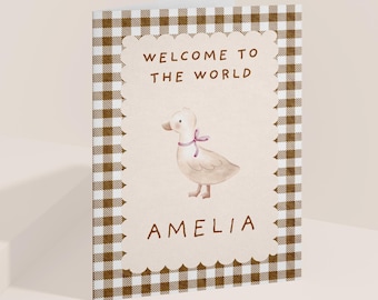 Personalized Welcome to the World Baby Card: Vintage Gingham Duck Design