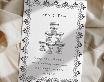 Personalized Vintage Wedding Card: Champagne Tower, Black Floral Design