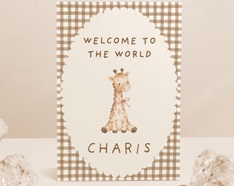 Personalized Welcome to the World Baby Card: Vintage Gingham giraffe Design