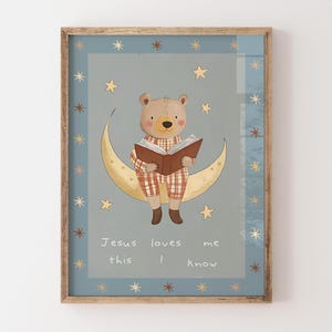 Jesus me ama, eu sei, arte de parede para berçário, pôster de urso cristão, decoração de quarto, emoldurado ou sem moldura, tamanho A4 a A1, impresso em cartão de 250 g/m²
