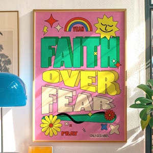 Faith Over Fear Print Set of 2 Retro Christian Wall Art Green, Bible Verse Poster, Scripture Quote Printable Large Wall Art Digital Download
