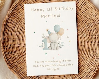 Personalized 1st Birthday Card | Cute Elephant Design | A6 300gsm | Blank Inside | Kraft Envelope | Baby’s First Birthday Greeting