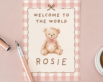 Personalized Welcome to the World Baby Card: Vintage Gingham Teddy Bear Design