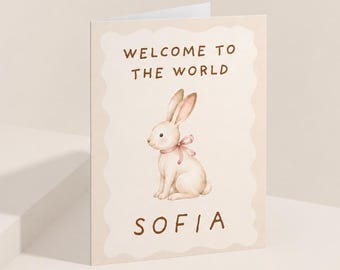 Personalized Welcome to the World Baby Card: Vintage Bunny Design