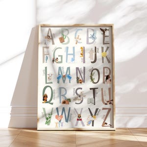 May include: A colorful alphabet poster with illustrations of biblical figures and objects. Each letter is paired with a word and image, such as "A" for "Angel", "B" for "Bread", and "C" for "Cross".