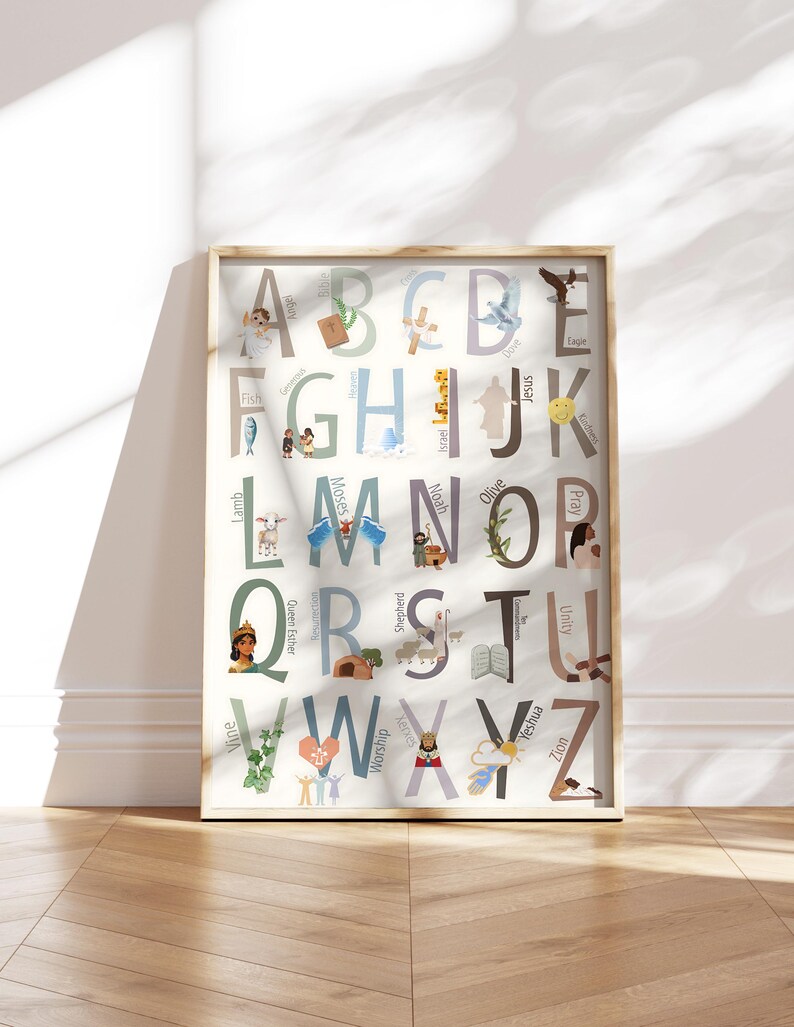 May include: A colorful alphabet poster with illustrations of biblical figures and objects. Each letter is paired with a word and image, such as "A" for "Angel", "B" for "Bread", and "C" for "Cross".