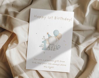 1st Birthday Card | Cute Elephant Design | A6 300gsm | Blank Inside | Kraft Envelope | Baby’s First Birthday Greeting Card, Keepsake