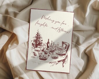 Minimalist Christmas Card | Scribble Dinner Table Design | A6 300gsm | Blank Inside | Kraft Envelope | Love Laughter Leftovers