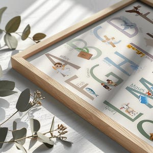May include: A colorful alphabet poster with illustrations of religious themes. The poster features letters A through M with corresponding images and words like Angel, Bible, Cross, Dove, Fish, Generous, Heaven, Israel, Lamb, Moses.