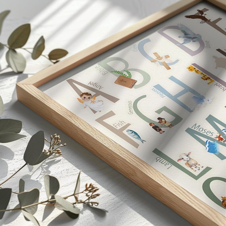May include: A colorful alphabet poster with illustrations of religious themes. The poster features letters A through M with corresponding images and words like Angel, Bible, Cross, Dove, Fish, Generous, Heaven, Israel, Lamb, Moses.