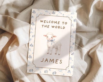 Personalized Welcome to the World Baby Card: Vintage Sheep Design