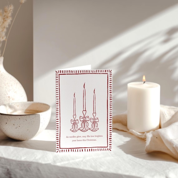 Minimalist Vintage Elegant Christmas Card Holiday Greeting Card Neutral Colour Candles Design Blank Inside Premium 300gsm Paper Envelope
