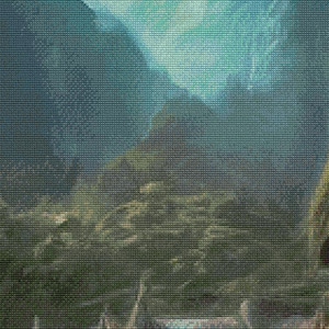 Peut inclure: Une peinture repr&eacute;sentant un paysage montagneux avec une grande cr&eacute;ature sombre endormie au premier plan. La cr&eacute;ature est couch&eacute;e sur un lit d'herbe verte et de rochers. Les montagnes &agrave; l'arri&egrave;re-plan sont d'un bleu et d'un vert brumeux.