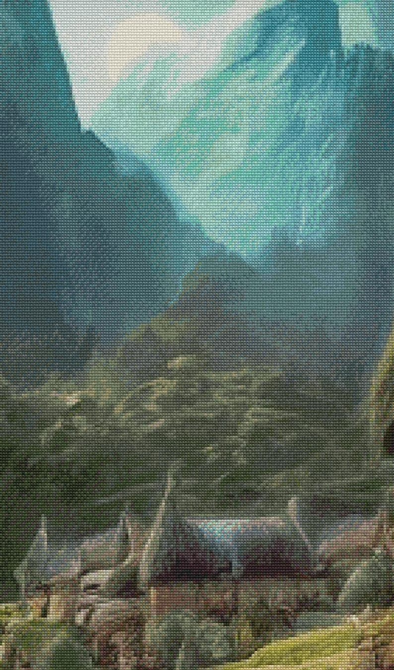 Peut inclure: Une peinture repr&eacute;sentant un paysage montagneux avec une grande cr&eacute;ature sombre endormie au premier plan. La cr&eacute;ature est couch&eacute;e sur un lit d'herbe verte et de rochers. Les montagnes &agrave; l'arri&egrave;re-plan sont d'un bleu et d'un vert brumeux.