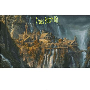 Kit for Rivendell  Castle pattern (799x448), DMC floss cross stitching. Fabric selection available