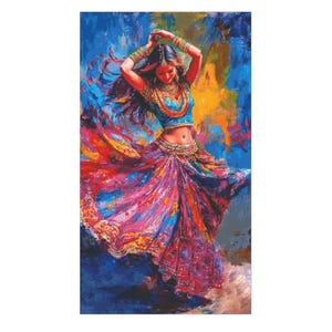 Può includere: Dipinto a olio di una donna con gonna e top fluenti e colorati, con le braccia alzate. L'opera d'arte utilizza una ricca tavolozza di blu, rossi, rosa e gialli, creando un senso di movimento. La donna è adornata di gioielli.