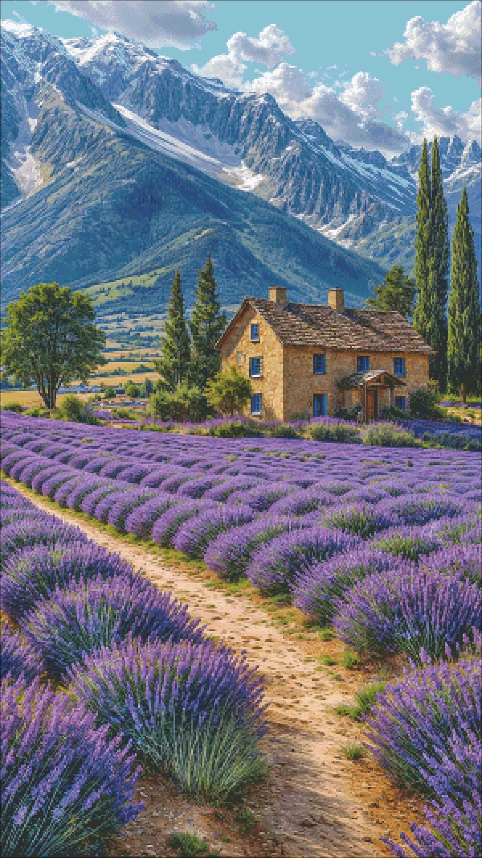 Lavender in the mountains (300x533 stitches), dmc cross stitch pattern, pdf/xsd