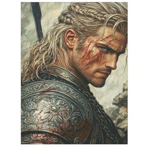 May include: Digital art of a warrior with long, braided blonde hair and blue eyes. The warrior has facial scars and is wearing ornate armor. The image has a fantasy theme and a dramatic, heroic feel.