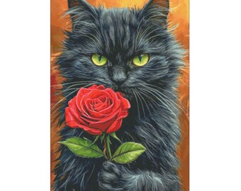 Gato com uma rosa (250x409 pontos), gráfico de ponto cruz DMC, pdf/xsd