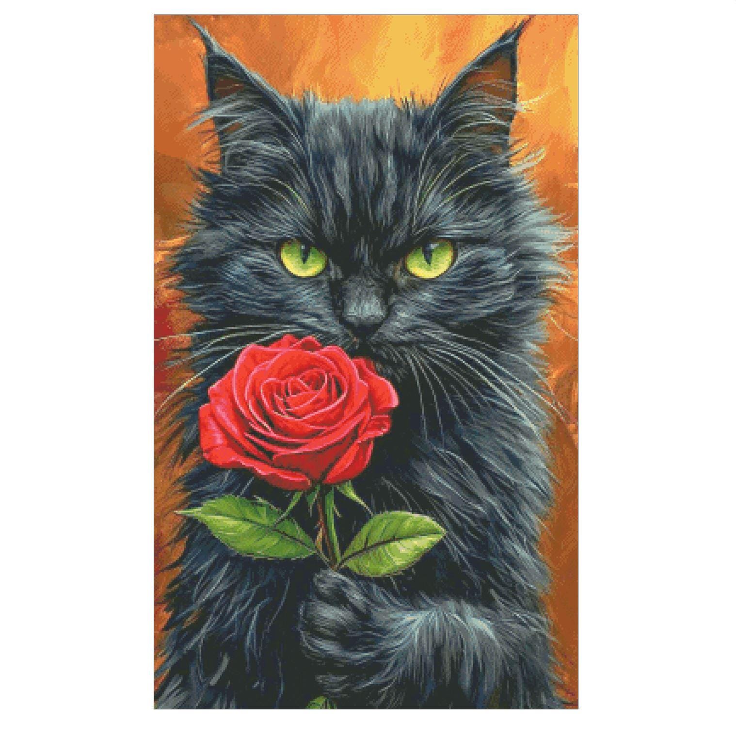 原画【夜はバラの花でロマンチックで宮殿でデートする黒猫2匹】 Amazon