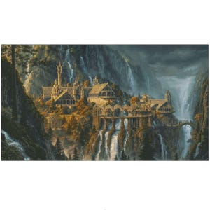 May include: A detailed landscape painting depicting a sprawling architectural complex nestled within a deep mountain valley. The scene features multiple waterfalls cascading down rocky cliffs, surrounded by dense evergreen forests and autumn foliage.