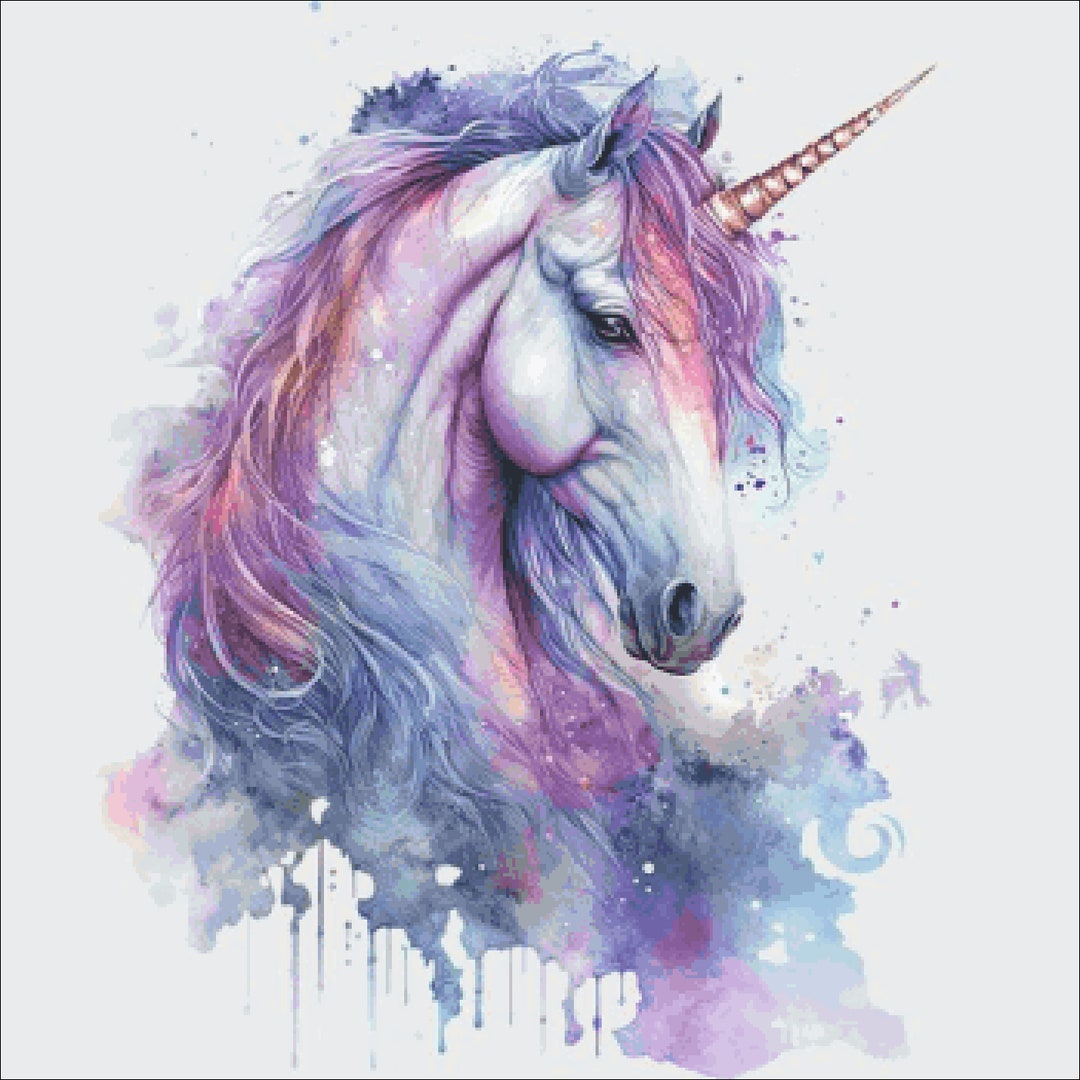 水彩画ユニコーン（350x350ステッチ）、DMCクロスステッチパターン
