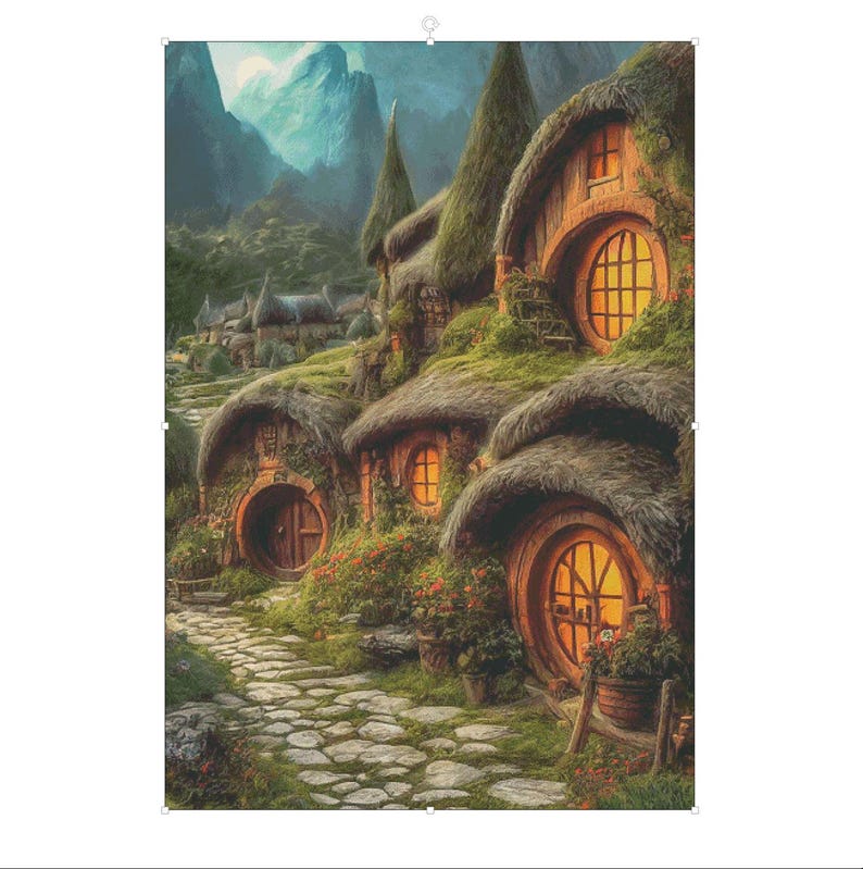 Peut inclure: Un village de maisons de hobbit pittoresques avec des toits de chaume et des portes rondes, nich&eacute; dans une vall&eacute;e verdoyante luxuriante avec des montagnes en arri&egrave;re-plan. Les maisons ont des fen&ecirc;tres qui brillent et sont entour&eacute;es de verdure.