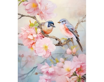 Pássaros entre flores de sakura (400x600 pontos), gráfico de ponto cruz DMC, pdf/xsd
