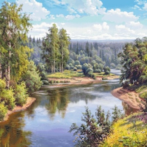 May include: A painting of a river winding through a lush green forest. The river is calm and reflective, with a blue sky and white clouds above. The trees are a mix of green and brown, with some trees in the foreground and others in the background.