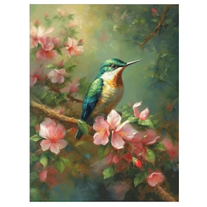 May include: A painting of a hummingbird perched on a branch, surrounded by pink flowers and green foliage. The bird has a green head, blue wings, and a white and orange chest. The artwork has a soft, painterly style.