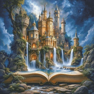 May include: A fantasy illustration of a castle with multiple towers, waterfalls, and a body of water. The castle is set against a night sky with stars and is emerging from an open book.
