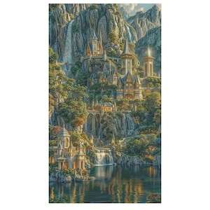 May include: A detailed digital painting of a fantasy castle complex nestled in a mountain landscape. Waterfalls cascade down the cliffs, and the structures are illuminated with warm light. The scene includes a serene lake.