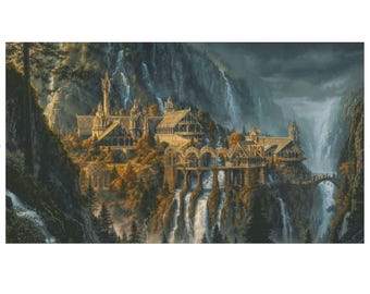 RIVENDELL CASTLE (799x448 stitches), DMC cross stitch pattern, pdf/xsd