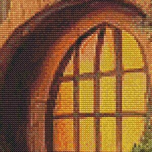 Peut inclure: Gros plan d'une fen&ecirc;tre &agrave; carreaux, int&eacute;gr&eacute;e dans une arche arrondie. La fen&ecirc;tre est &eacute;clair&eacute;e par derri&egrave;re, projetant une lueur chaude. L'arche est en pierre et a une surface textur&eacute;e.