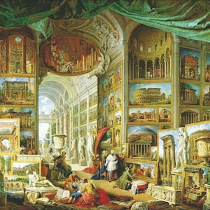 May include: A painting depicting a collection of framed images of ancient Roman architecture and sculptures. The images are displayed in a large, ornate room with a vaulted ceiling and columns. The room is filled with light, and the images are brightly colored.