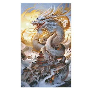 May include: A detailed painting of a white and gold dragon with a red mouth and piercing eyes. The dragon is coiled around a mountain with a traditional pagoda. The background features a sunset with golden hues and clouds.