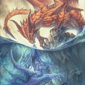 May include: A fiery red dragon with large wings and sharp claws emerges from the water, facing a blue dragon with a long tail and sharp teeth. The red dragon has a fierce expression, while the blue dragon appears more cautious.