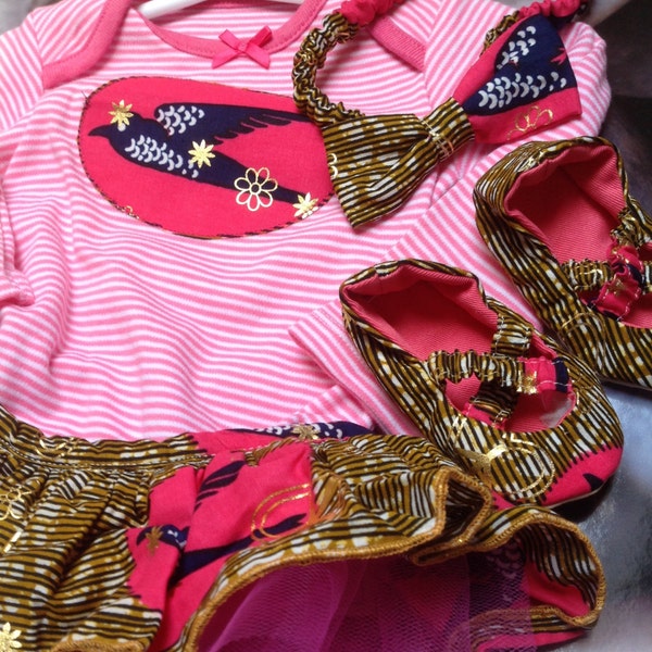 Baby girl's pink stripe tutu bodysuit with a detachable Ankara tutu, ballerina shoes and hairband