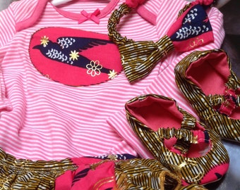 Baby girl's pink stripe tutu bodysuit with a detachable Ankara tutu, ballerina shoes and hairband
