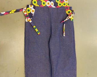 child's unisex denim African trim dungarees playsuit coverall 3 years