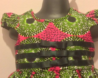 Girls' African Ankara Print Dress, Green & Pink Ribbon Detail