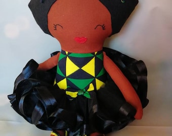 Jamaican Ballerina Rag Doll: Ankara Fabric, Ribbon Tutu (53cm)
