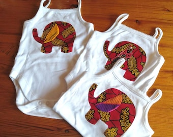 Girls toddler baby African Ankara wax print summer party baby shower outfit strappy onesie with red elephant appliquéd