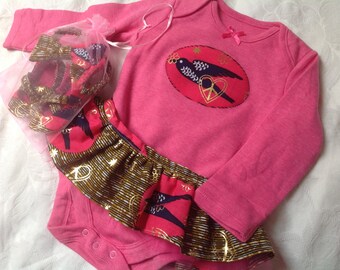 Baby girl's tutu bodysuit with a detachable Ankara tutu, ballerina shoes and hairband