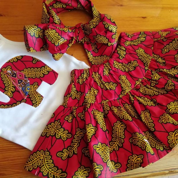 Girls skirt toddler baby African Ankara wax print summer party baby shower ra-ra frilly Red skirt and headwrap and onesie