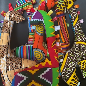 African Kente Ankara Giraffe stuffed toy with sensory ribbon