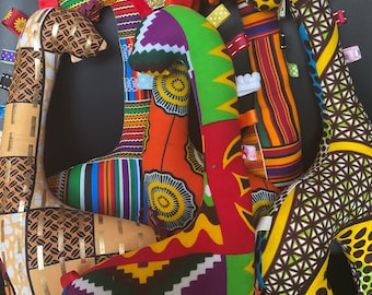 African Kente Ankara Giraffe stuffed toy with sensory ribbon