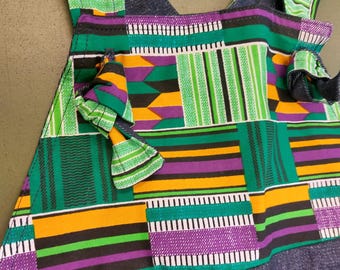Unisex child's denim African Ankara print trim dungarees playsuit coverall 6 years