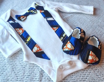 Baby boy Ankara African print outfit bow tie braces bodysuit crib shoes booties baby shower gift